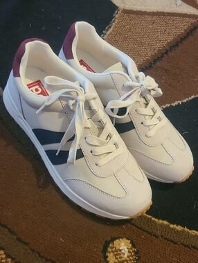 NEW Suede Sneakers with Navy Stripe and Burgundy Heel